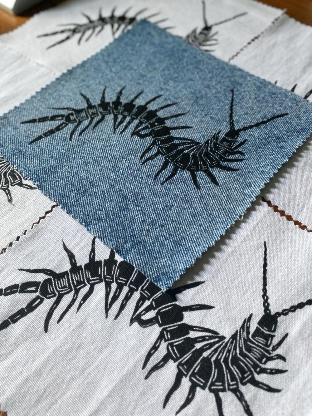 Denim Block Printed Centipede patch // Sew on // Handmade